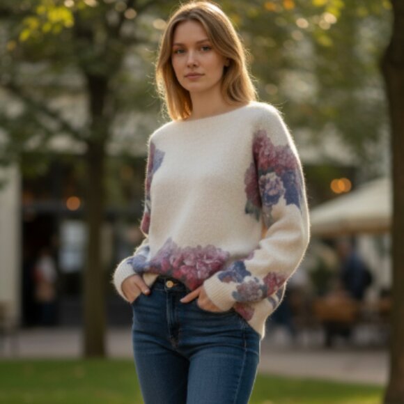 NWOT Bianco Co & Blu Made In Italy Floral Print Wool and Mohair  Blend Sweater L - Picture 1 of 7
